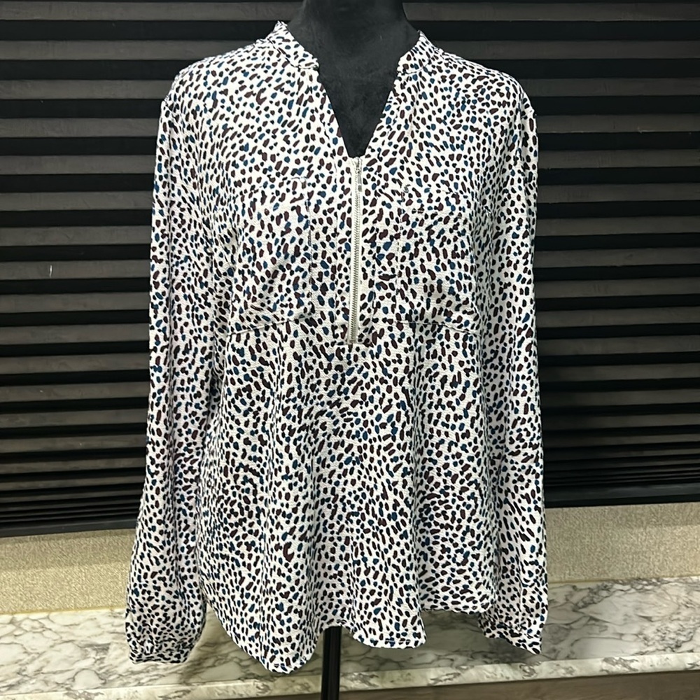 GNW Women’s Collarless 1/2 Zip Long Sleeve Multi Colored‎ Speckled Blouse Medium